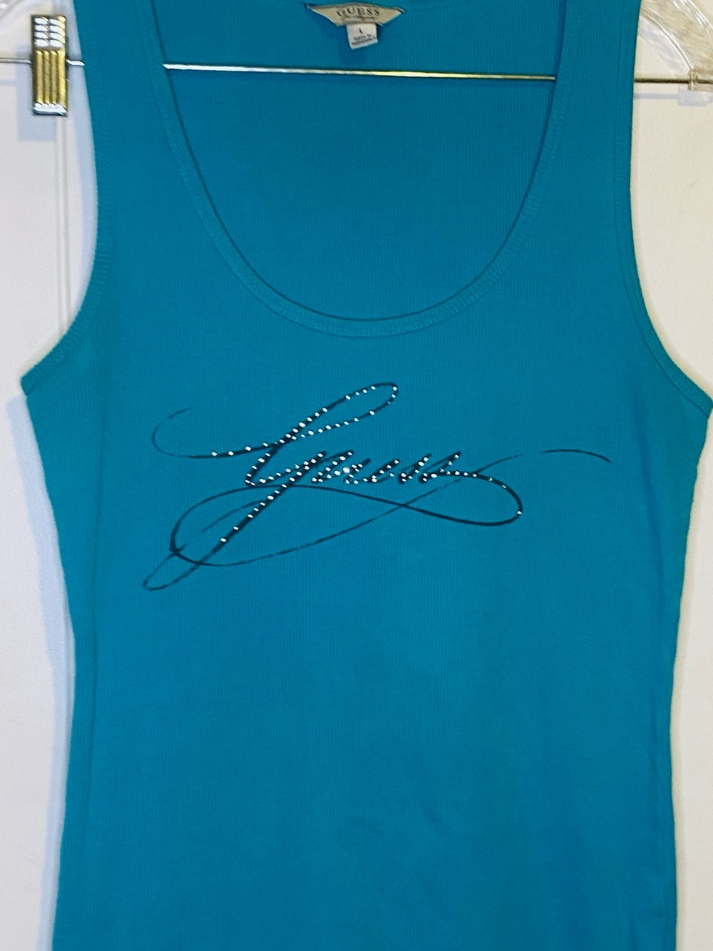 Guess Y2K Ribbed, Teal, and Rhinestone Script Tank Top - Picture 3 of 4